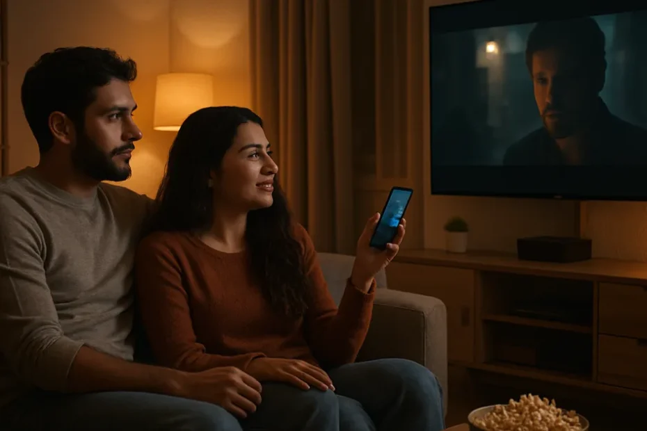 Coppia sul divano che guarda un film in streaming sulla smart TV