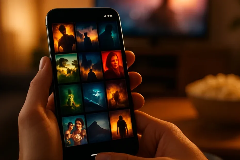 Smartphone con catalogo di film in un'app di streaming gratuita